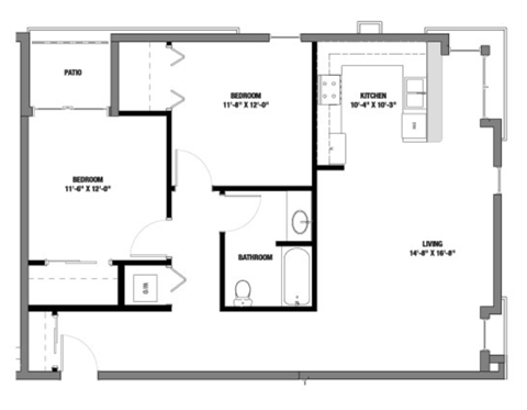 Floor plan for 2 beds, 1 bath, 685 sqft